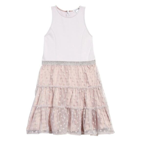 Nordstrom Big Girl's Dust Pink Loft Dots Fit & Flare Ruffle Tank Dress Size 14 - Picture 1 of 2